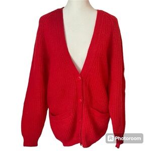 Vintage 100% Shetland Wool Grandpa Boyfriend Cardigan Size Medium Red Layering